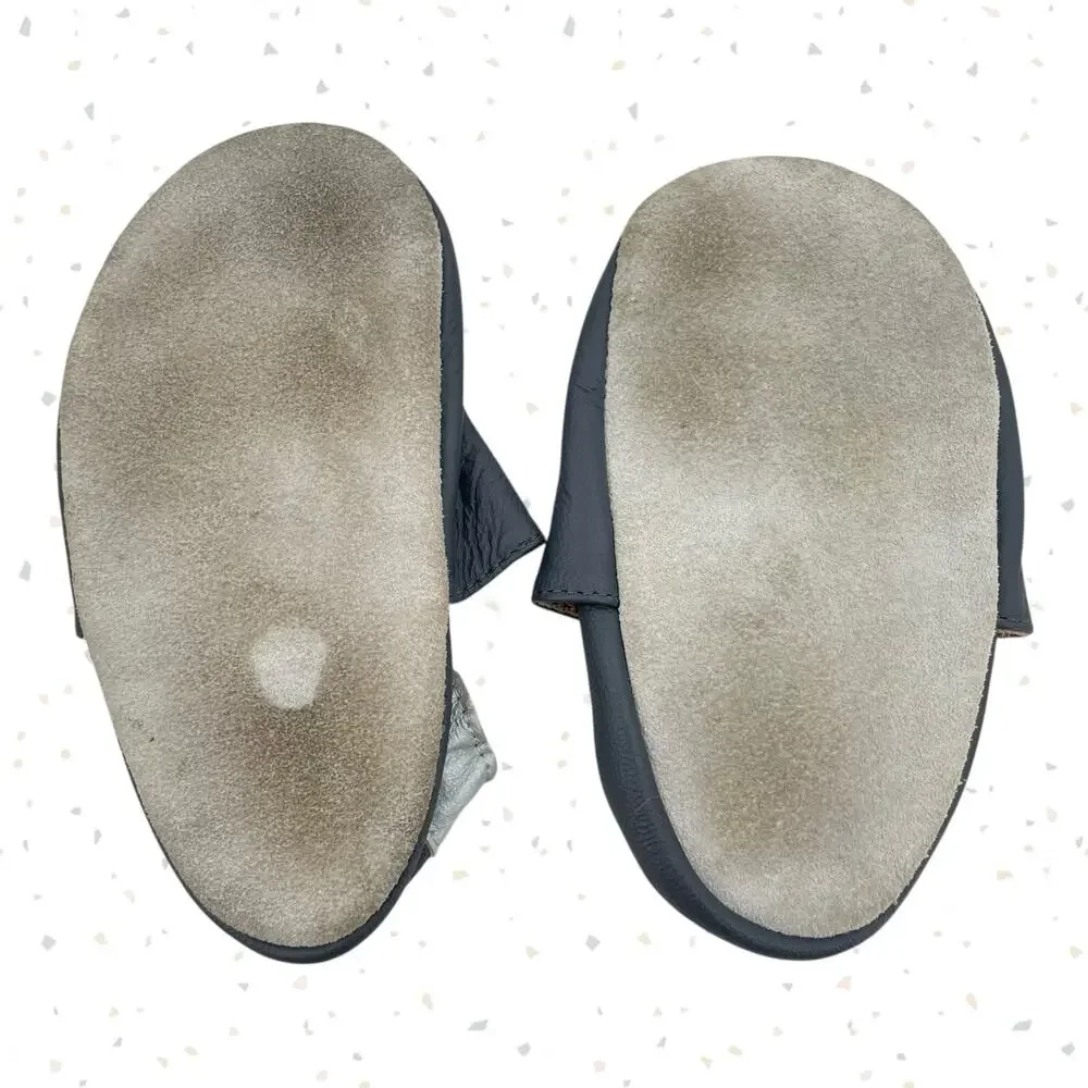 Hippo Baby Shoes Gray Leather Soft Sole Crib Shoe Toddler House Slippers 18-24m